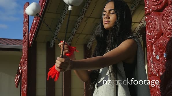 Young Maori Woman Poi Dancer on Marae Slow Motion T4 25571