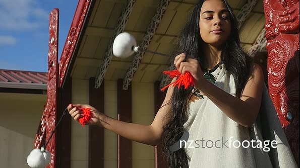Young Maori Woman Poi Dancer on Marae Slow Motion T6 25574