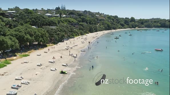 Aerial flying over Oneroa bay, waiheke island, Auckland, New Zealand 26979